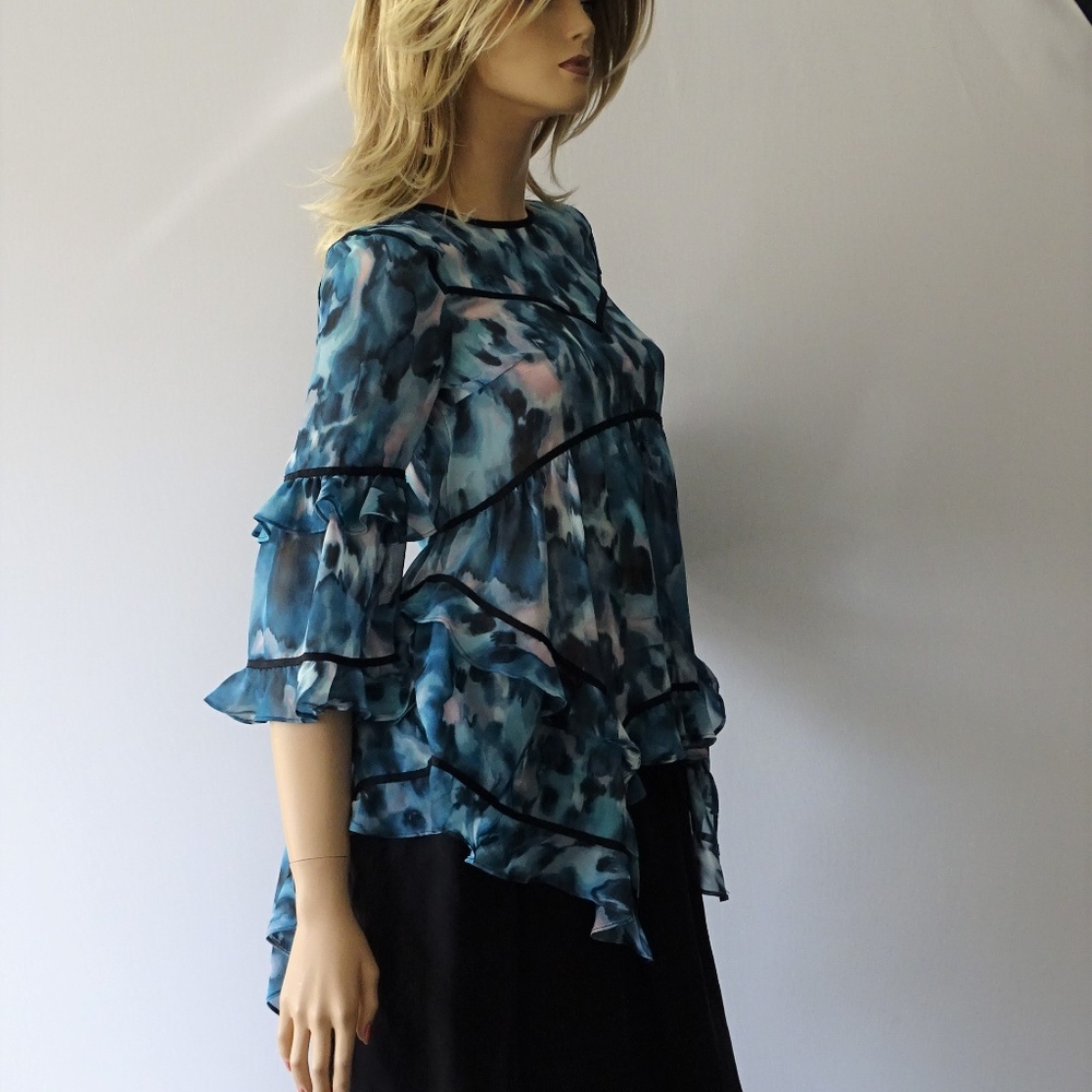 Bar III Teal Glaze Printed 3/4 Sleeves Blouse NWT - Picture 2 of 3